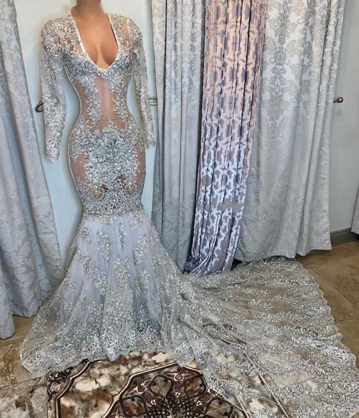 sheer lace long sleeves plus size silver prom gowns for black girls appliques beaded v-neck african formal evening dress, White;black
sheer lace long sleeves plus size silver prom gowns for black girls appliques beaded v-neck african formal evening dress, White;black