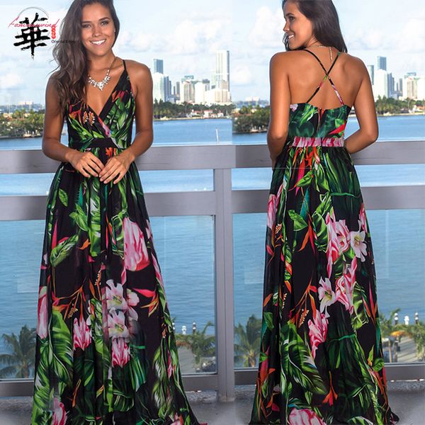 multicolor tropical jungle boho long dress sling cross back women v neck 2020 party twill night elegant maxi summer dresses, Black;gray 
multicolor tropical jungle boho long dress sling cross back women v neck 2020 party twill night elegant maxi summer dresses, Black;gray