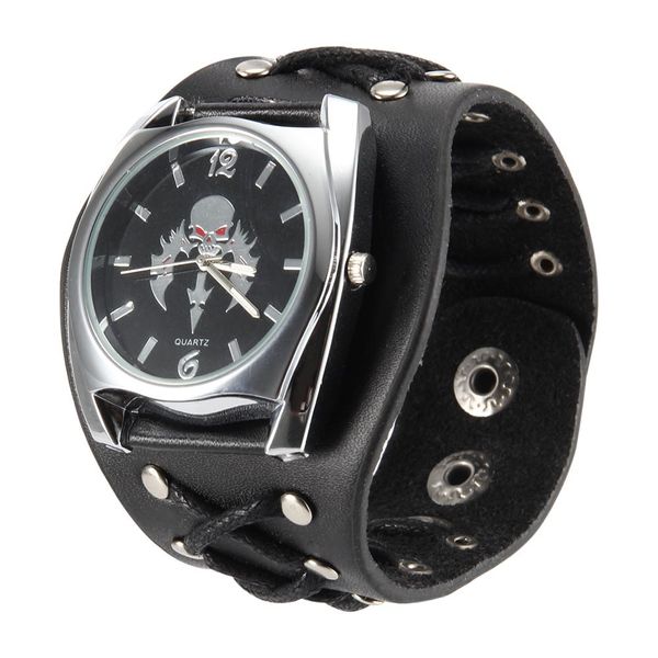

women men punk style quartz wrist watch with skull pattern dial rivet strap cool watches lxh, Slivery;brown
