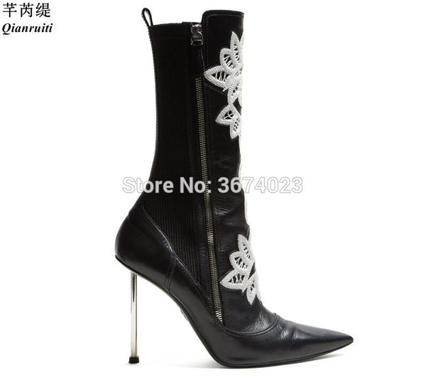 qianruiti party shoes women floral embroidered mid boots side zipper shoes pointed toe metal heels fashion runway boots women, Black
qianruiti party shoes women floral embroidered mid boots side zipper shoes pointed toe metal heels fashion runway boots women, Black