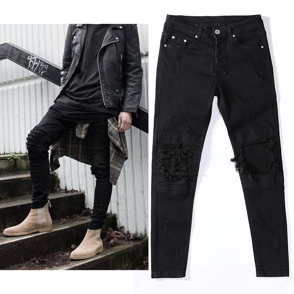 new mens ripped jeans hiphop streetwear pants cotton black slim fit motorcycle jeans men vintage distressed denim, Blue
new mens ripped jeans hiphop streetwear pants cotton black slim fit motorcycle jeans men vintage distressed denim, Blue