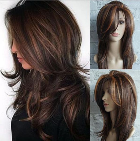 

Ladies wig gold brown highlights Ombe gold brown highlights Omber long curly hair fluffy pear flower buckle middle long straight hair FZP149