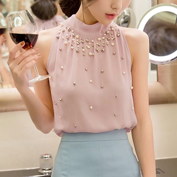elegant womens summer beading chiffon blouse sleeveless office lady pearl turtleneck shirt korean women plus size s-3xl, White
elegant womens summer beading chiffon blouse sleeveless office lady pearl turtleneck shirt korean women plus size s-3xl, White