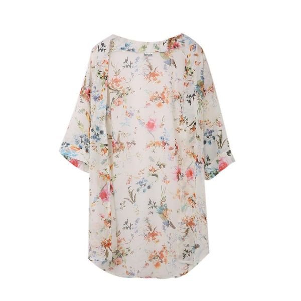 floral print kimono cardigan jacket blouse summer bohemia women's fashion, White