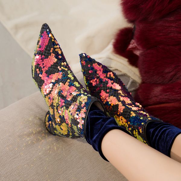 pointed toe women sequins short boots 5cm chunky high heels ankle botas femininos silver botines mujer zapatos stilettos, Black
pointed toe women sequins short boots 5cm chunky high heels ankle botas femininos silver botines mujer zapatos stilettos, Black