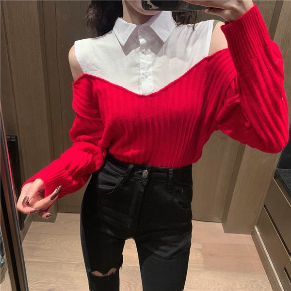 jsxdhk fashion spring fake two pieces knitted sweater women red white patchwork turn down collar ladies off shoulder pullovers, White;black
jsxdhk fashion spring fake two pieces knitted sweater women red white patchwork turn down collar ladies off shoulder pullovers, White;black
