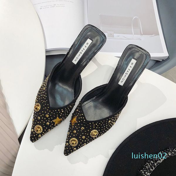 effgt women summer high heel mules slippers ladies pointed toe strange style rivet single shoes fashion sequin slipper sandals l02, Black
effgt women summer high heel mules slippers ladies pointed toe strange style rivet single shoes fashion sequin slipper sandals l02, Black