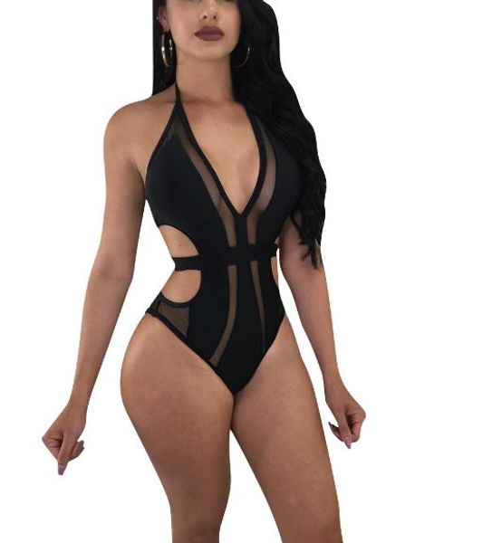 women designer one piece swimwear hollow out swimwear fashion halter mesh sheer one piece, White;black
