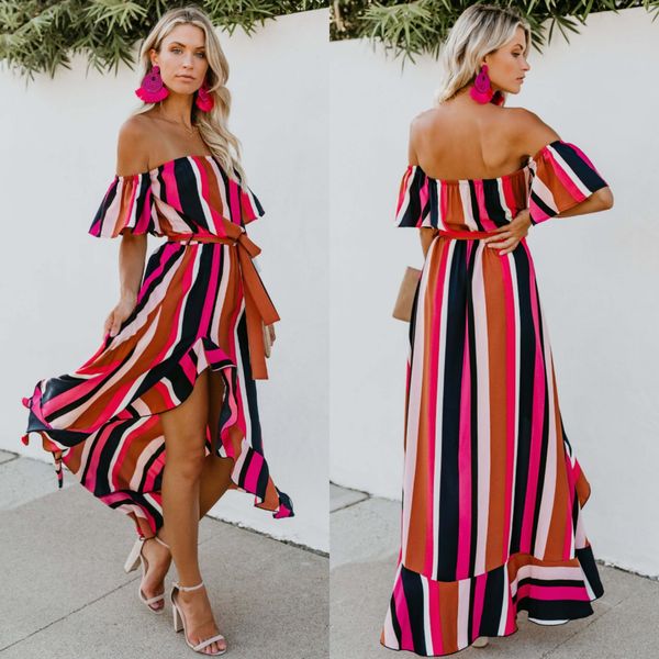 women's casual off shoulder colorful striped print ruffles short sleeve long dresses beach party maxi dresses with belted, Black;gray
women's casual off shoulder colorful striped print ruffles short sleeve long dresses beach party maxi dresses with belted, Black;gray