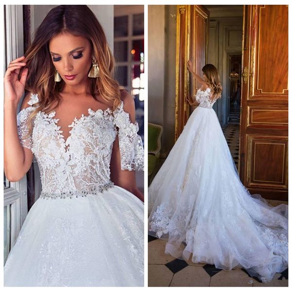short sleeves lace appliques a-line wedding dresses bridal gowns 2020 customized princess plus size vestidos de marriage formal garden, White
short sleeves lace appliques a-line wedding dresses bridal gowns 2020 customized princess plus size vestidos de marriage formal garden, White