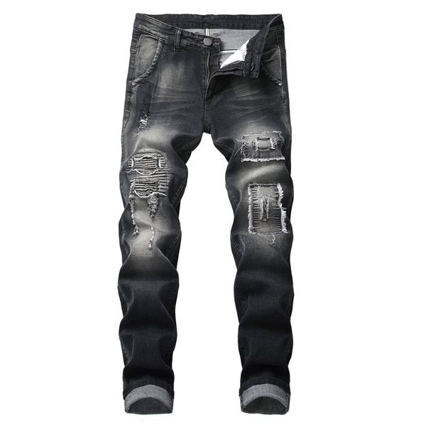 men's jeans distressed hole patchwork denim pants casual straight slim elasticity locomotive, Blue
men's jeans distressed hole patchwork denim pants casual straight slim elasticity locomotive, Blue
