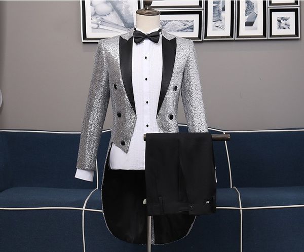 men's sequined swallowtail clothes two-piece suit variety night club bar magician performing stage chorus costume, White;black
men's sequined swallowtail clothes two-piece suit variety night club bar magician performing stage chorus costume, White;black