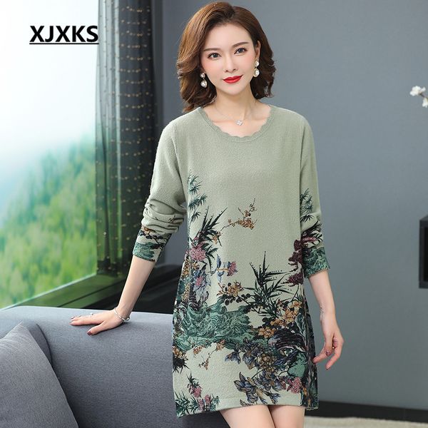 xjxks 2020 spring new fashion printed women knitted dress loose plus size comfortable 100% wool long sweater women pullover, White;black