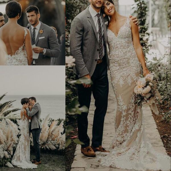 glamorous mermaid beach boho wedding dresses deep v neck backless with lace appliques beads bridal gowns, White
glamorous mermaid beach boho wedding dresses deep v neck backless with lace appliques beads bridal gowns, White