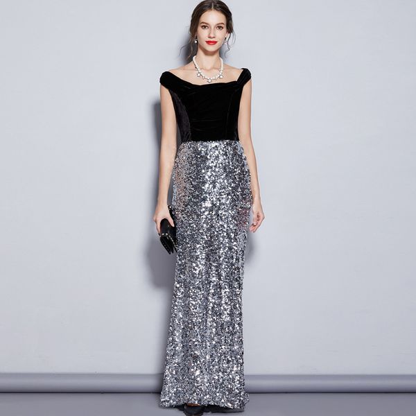 women's runway designer dresses slash neckline cap sleeves velvet bodice patchwork sequined elegant long party dresses, Black
women's runway designer dresses slash neckline cap sleeves velvet bodice patchwork sequined elegant long party dresses, Black