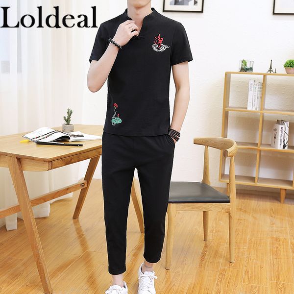 men's tracksuits loldeal chinese style short-sleeved t-shirt set men slim v-neck cotton and linen embroidered pullover + long pants, Gray
men's tracksuits loldeal chinese style short-sleeved t-shirt set men slim v-neck cotton and linen embroidered pullover + long pants, Gray