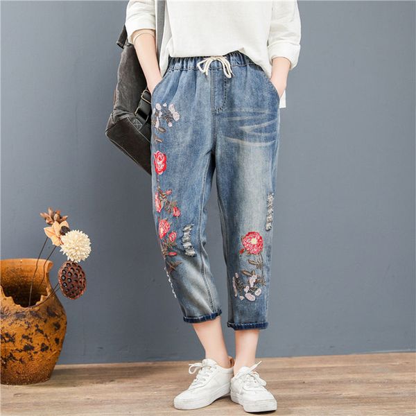 women's jeans plus size flower embroidery hole ripped for women elastic waist mom summer denim trousers vintage harem pants c6278, Blue
women's jeans plus size flower embroidery hole ripped for women elastic waist mom summer denim trousers vintage harem pants c6278, Blue