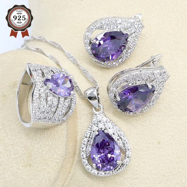 925 silver jewelry set for women purple zircon hoop earrings necklace pendant ring party birthday gift
925 silver jewelry set for women purple zircon hoop earrings necklace pendant ring party birthday gift