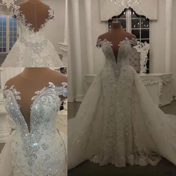2019 luxury mermaid wedding dresses with detachable skirt shining sequins crystals beads appliques sheer neck backless long bridal gowns, White
2019 luxury mermaid wedding dresses with detachable skirt shining sequins crystals beads appliques sheer neck backless long bridal gowns, White