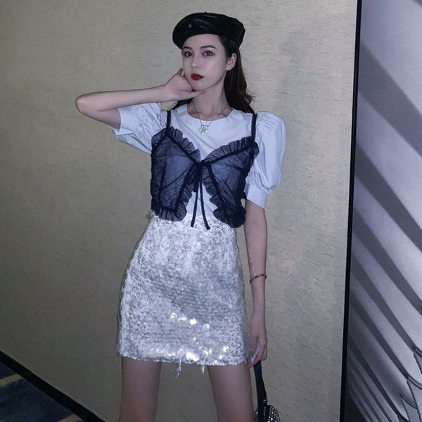 2020 new puff sleeve striped shirt small strap high waist hip sequins skirt three-piece suit women, White
2020 new puff sleeve striped shirt small strap high waist hip sequins skirt three-piece suit women, White