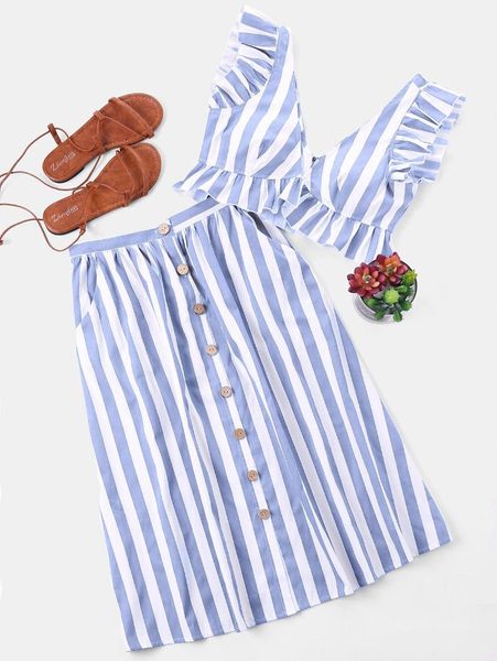 two piece set v neck sleeveless crop striped ruffle button high waist skirts suits summer women sets, White
two piece set v neck sleeveless crop striped ruffle button high waist skirts suits summer women sets, White