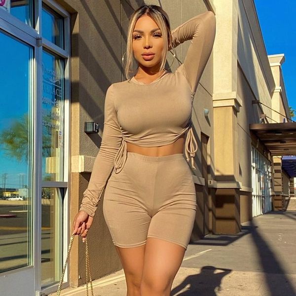 women solid color casual suit short exposed navel pleated lace up + high waist shorts casual sports style two-piece suit, White
women solid color casual suit short exposed navel pleated lace up + high waist shorts casual sports style two-piece suit, White