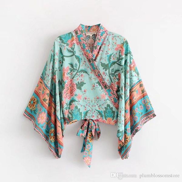 

women boho blouse kimono in peacock floral print vinatge v-neck flare kimono sleeves wrap tie bohemian summer spring blouses shirts, White