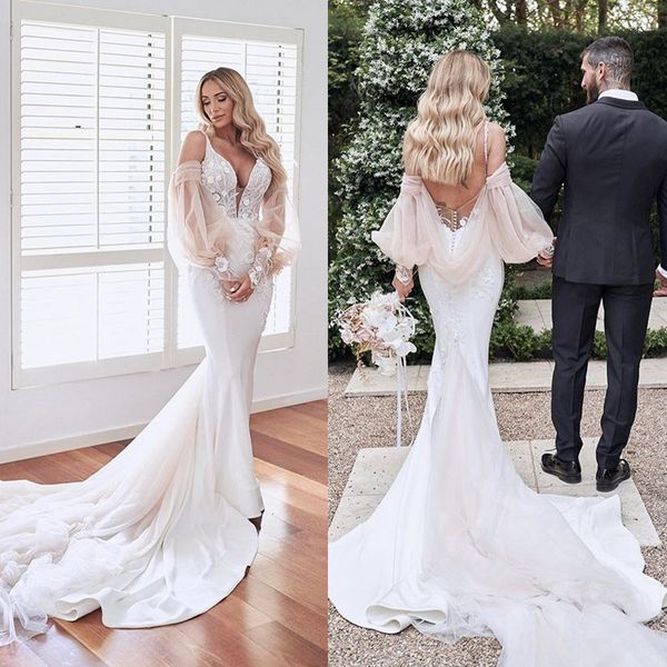 2020 elegant mermaid wedding dresses sweep train appliqued plunging neck beach bridal gowns custom made plus size trumpet vestidos de novia, White
2020 elegant mermaid wedding dresses sweep train appliqued plunging neck beach bridal gowns custom made plus size trumpet vestidos de novia, White