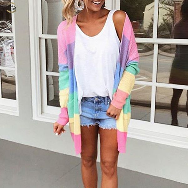lady's autumn sweater long sleeve patchwork knitted open front rainbow striped cardigan coat lady's sweater female cardigan, White;black
lady's autumn sweater long sleeve patchwork knitted open front rainbow striped cardigan coat lady's sweater female cardigan, White;black