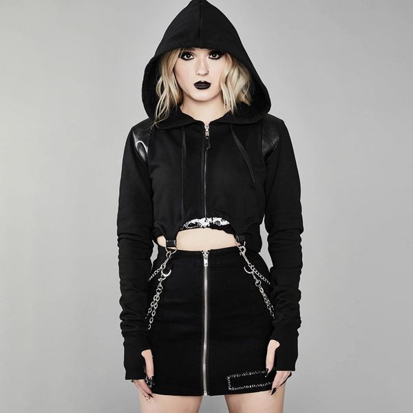 2019 gothic dark style girls hooded hoodies pu patchwork chains halloween women zipper cropped thumb hole sweatshirt, Black
2019 gothic dark style girls hooded hoodies pu patchwork chains halloween women zipper cropped thumb hole sweatshirt, Black
