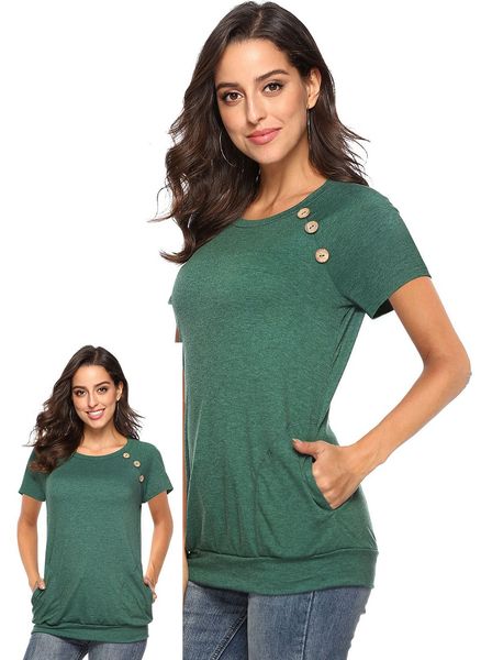 2018 spring and summer new european and american women's t-shirt round neck pocket button short-sleeved fashion casual solid color ladi, White
2018 spring and summer new european and american women's t-shirt round neck pocket button short-sleeved fashion casual solid color ladi, White