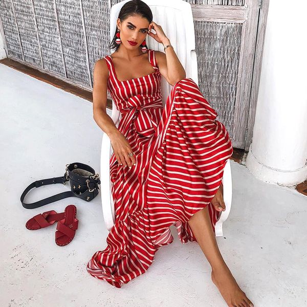 casual dresses women striped maxi dress summer red spaghetti strap high waist sashes party long, Black;gray
casual dresses women striped maxi dress summer red spaghetti strap high waist sashes party long, Black;gray