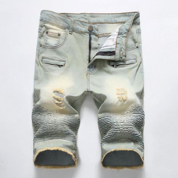 new summer men pleated denim shorts holes short jeans men stretch straight jeans shorts slim fit size 42, Blue 
new summer men pleated denim shorts holes short jeans men stretch straight jeans shorts slim fit size 42, Blue