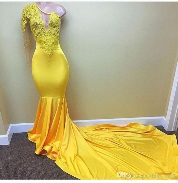 yellow one shoulder long sleeve prom dresses black girls lace appliques pleats evening dress elastic satin mermaid african party gowns
yellow one shoulder long sleeve prom dresses black girls lace appliques pleats evening dress elastic satin mermaid african party gowns