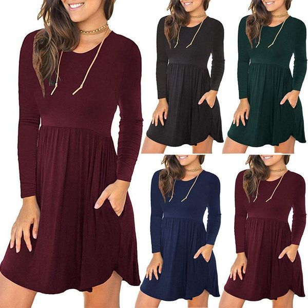 women autumn winter solid color crew neck elastic waist cotton pocket dresses lady elegant skirt ing, Black;gray
women autumn winter solid color crew neck elastic waist cotton pocket dresses lady elegant skirt ing, Black;gray
