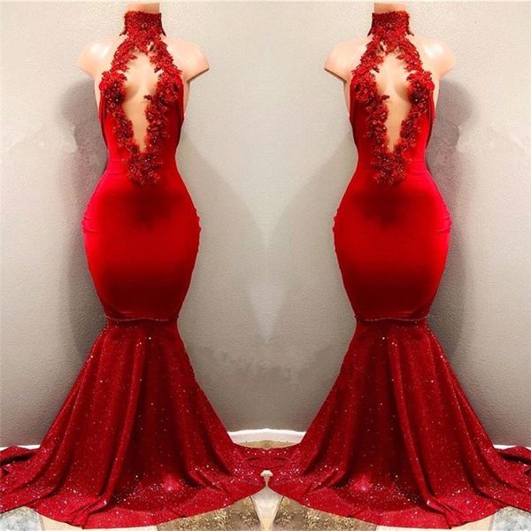 red high neck mermaid sequined skirts prom dresses with hollow out front lace appliqued beads evening gowns, Black
red high neck mermaid sequined skirts prom dresses with hollow out front lace appliqued beads evening gowns, Black