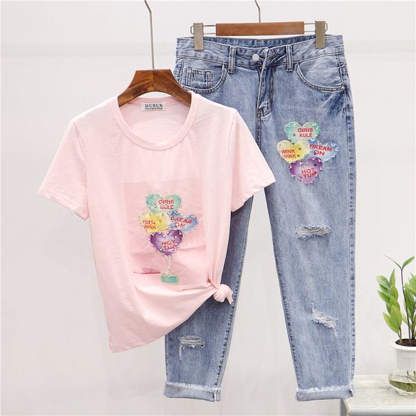 summer fashion diamond balloon print tee shirt + holes jeans 2pc women white black pink cotton t shirt femme denim pants female
summer fashion diamond balloon print tee shirt + holes jeans 2pc women white black pink cotton t shirt femme denim pants female