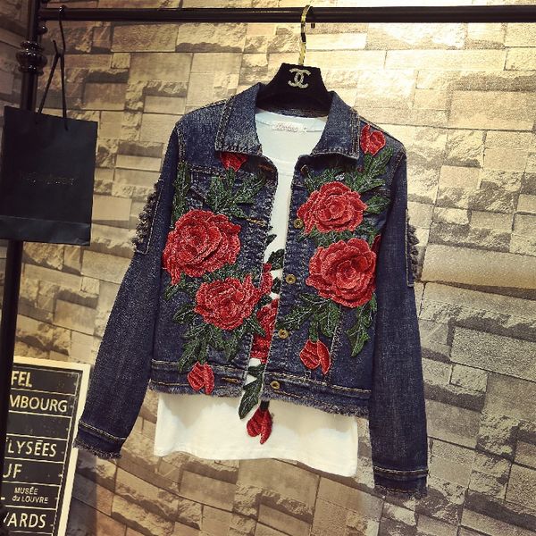 2018 spring autumn new women's embroidery red rose short denim jacket coat hole long sleeve skinny dark blue jeans coats outfits, Black;brown
2018 spring autumn new women's embroidery red rose short denim jacket coat hole long sleeve skinny dark blue jeans coats outfits, Black;brown