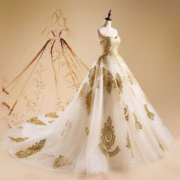 new sleeveless strapless sweetheart golden lace applique ball gown wedding dress bridal dress, White
new sleeveless strapless sweetheart golden lace applique ball gown wedding dress bridal dress, White