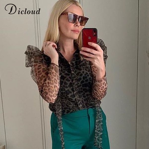 

dicloud vintage puff sleeve leopard print blouses women tie-up neckline fashion chiffon shirt 2020 spring, White