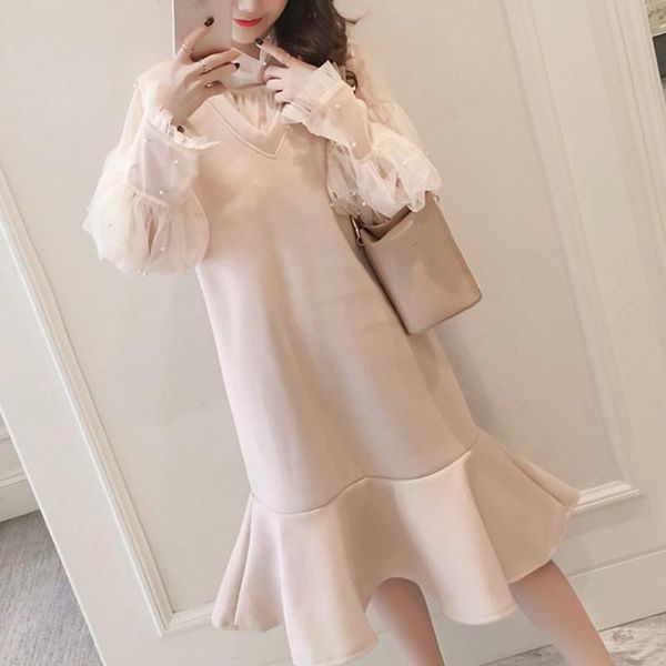 elegant women two piece mermaid dresses sweet flare sleeve pearl plus size dress midi winter turtleneck mesh loose dress, Black;gray
elegant women two piece mermaid dresses sweet flare sleeve pearl plus size dress midi winter turtleneck mesh loose dress, Black;gray
