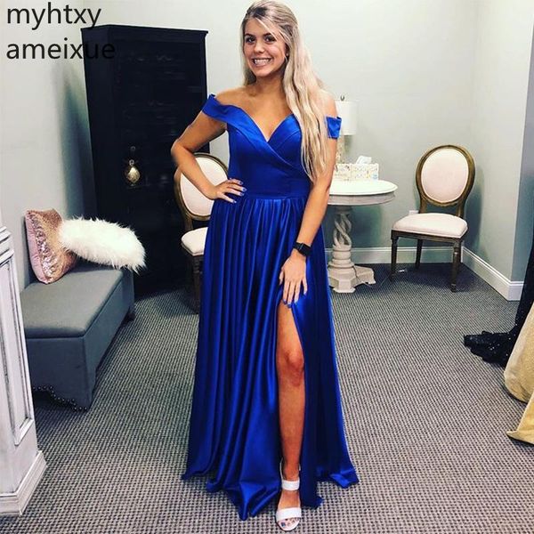 2019 new shoulder plus size prom dresses boat neck long formal party gowns royal blue front split satin vestido de formatura, White;black
2019 new shoulder plus size prom dresses boat neck long formal party gowns royal blue front split satin vestido de formatura, White;black