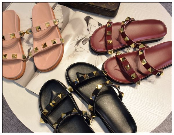 going away is not tired sheepskin bling rivets slippers simple thick bottom wear casual word flat bottom cool drag women, Black