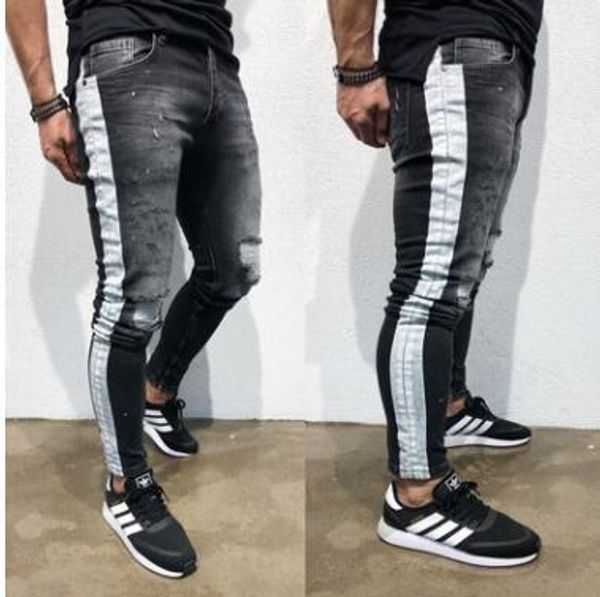 jeans hombre men pantalones ripped jeans black side striped draped biker jean pencil pants, Blue 
jeans hombre men pantalones ripped jeans black side striped draped biker jean pencil pants, Blue