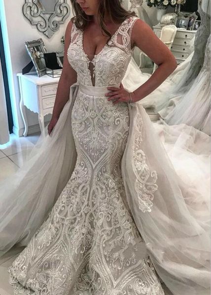 2019 mermaid wedding dresses with detachable overskirts v neck appliqued plus size wedding dress sweep train vestido de novia bohemian, White
2019 mermaid wedding dresses with detachable overskirts v neck appliqued plus size wedding dress sweep train vestido de novia bohemian, White