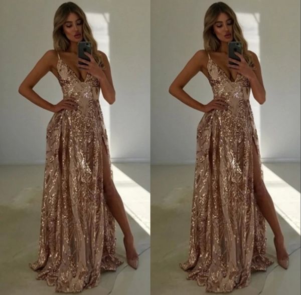 Sexy Gold Sequined Mermaid Evening Dresses Sparkly Shinning Evening Gowns V Neck High Split Prom Dress robe de soiree vestidos de fiesta
Sexy Gold Sequined Mermaid Evening Dresses Sparkly Shinning Evening Gowns V Neck High Split Prom Dress robe de soiree vestidos de fiesta