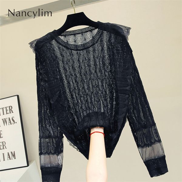 new long-sleeved knit shirt autumn 2019 women's pullover sweater loose black jumper mesh patch long sleeve thin sweater pull, White;black
new long-sleeved knit shirt autumn 2019 women's pullover sweater loose black jumper mesh patch long sleeve thin sweater pull, White;black