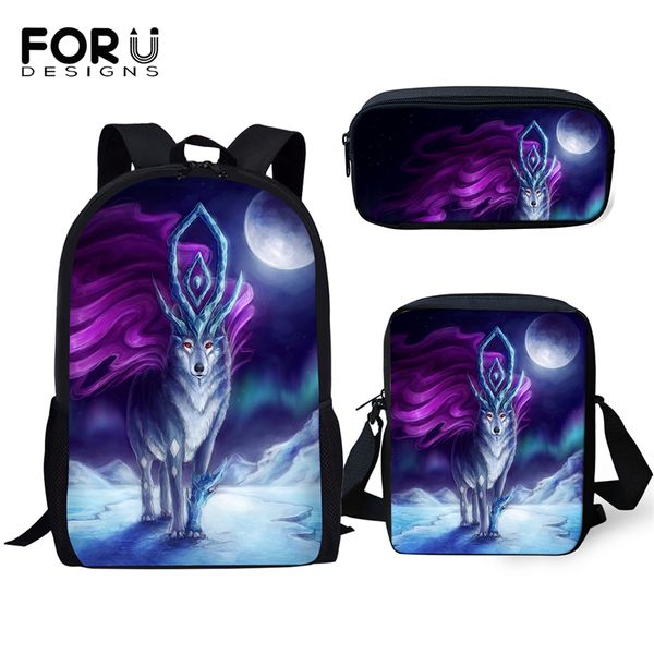 

forudesigns 3pc set chirldren school backpack fantasy wolf prints pattern primary kids schoolbags girls casual book bags satchel