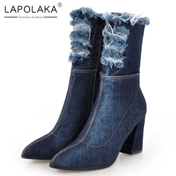 lapolaka quality streth denim boots women square high heels broken hole boots zipper girls woman shoes women 34-43, Black
lapolaka quality streth denim boots women square high heels broken hole boots zipper girls woman shoes women 34-43, Black