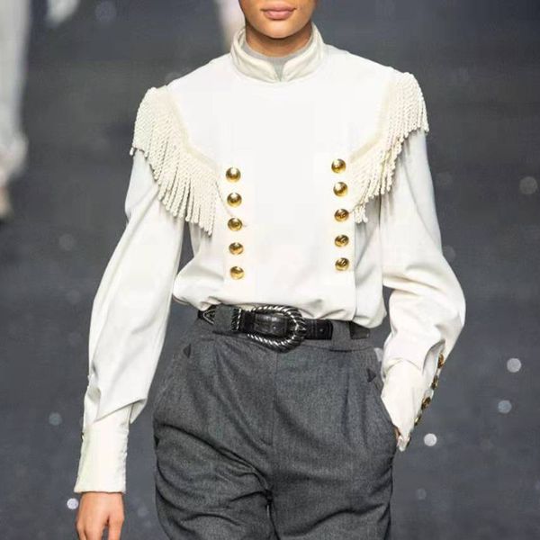 brand designer women runway blouse 2019 autumn winter fashion style stand collar gold double breasted button long sleeve tassel shirts, White
brand designer women runway blouse 2019 autumn winter fashion style stand collar gold double breasted button long sleeve tassel shirts, White